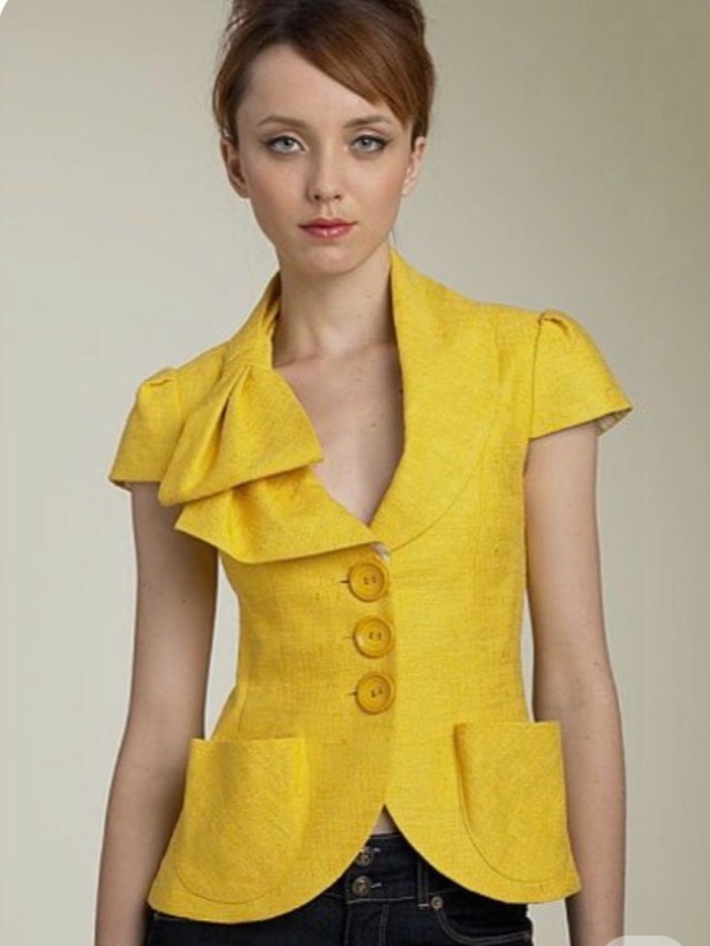 Nanette Lepore Bright Yellow Short-Sleeve Peplum Blazer with Bow